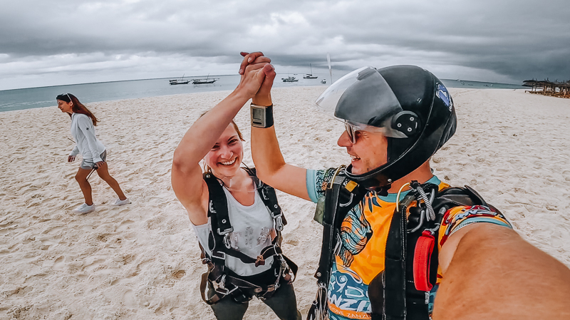 safe landing after skydiving in Zanzibar