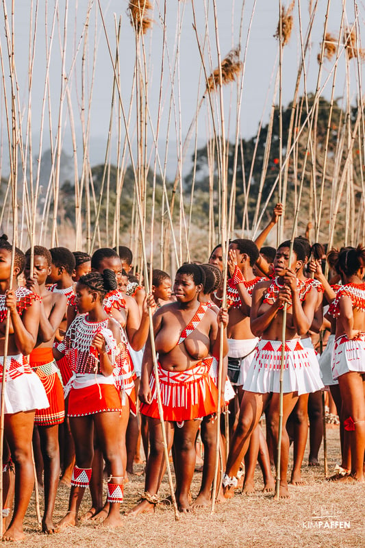 Maidens getting ready to present the reeds to the Queen Mother of Eswatini