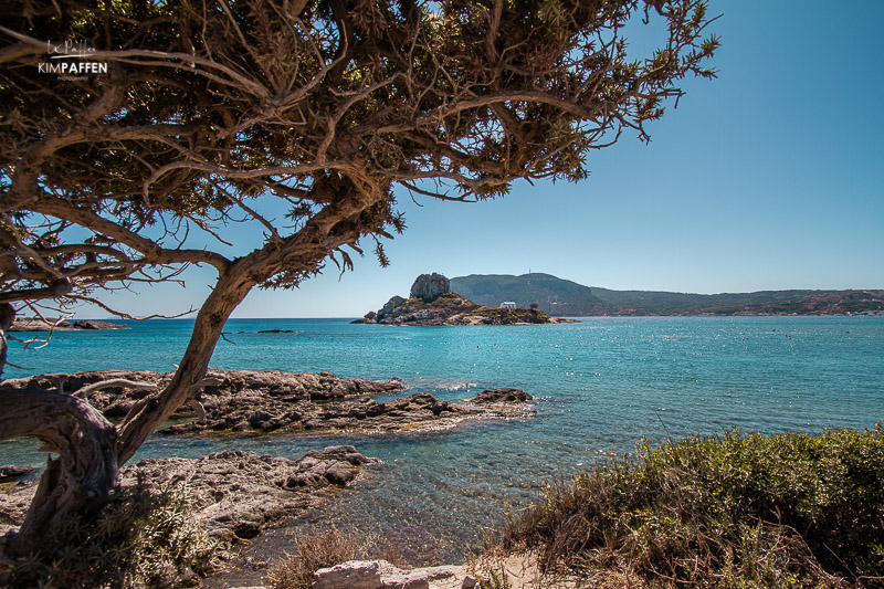 Agios Stefanos Beach in Kos with views of Kastri Island
