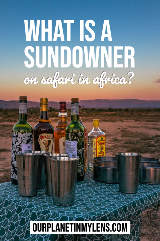 sundowner drinks presented on a table during sunset in the African bush, including Amarula, Gin Tonic and salty snacks with great sunset views over the African Savannah Plains