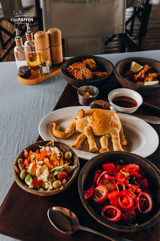 Wholesome food at Selous Impala Camp, including bread baked in animal shapes such as an elephant