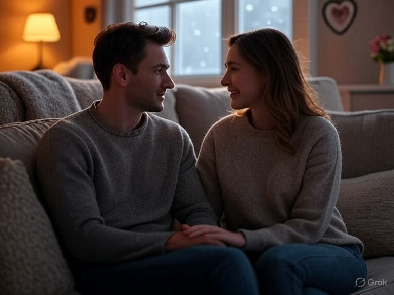 Paar in monogame relatie voert diepgaand gesprek om sleur te doorbreken met liefdestalen-symbolen zoals harten en cadeaus in knusse woonkamer