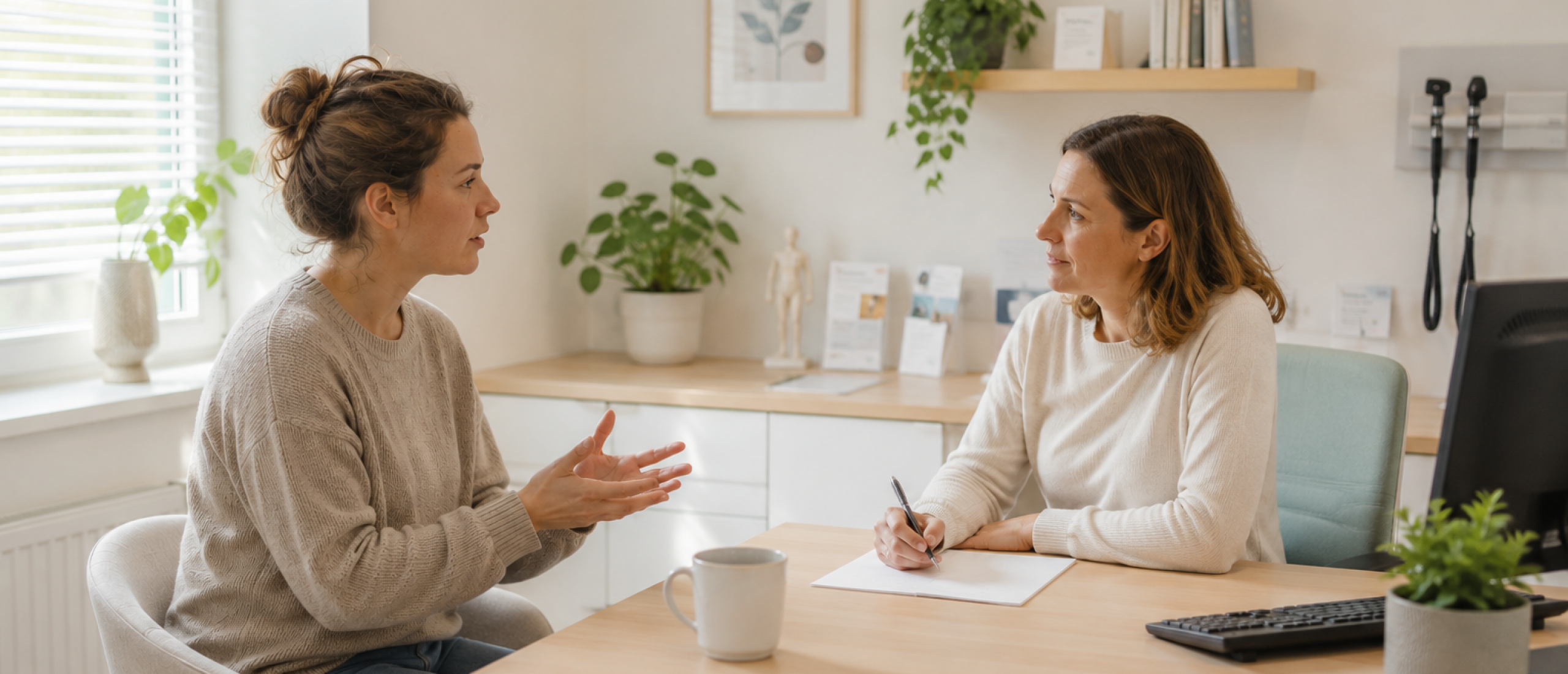 Vrouw legt PEM uit aan huisarts Vrouw legt PEM uit aan huisarts