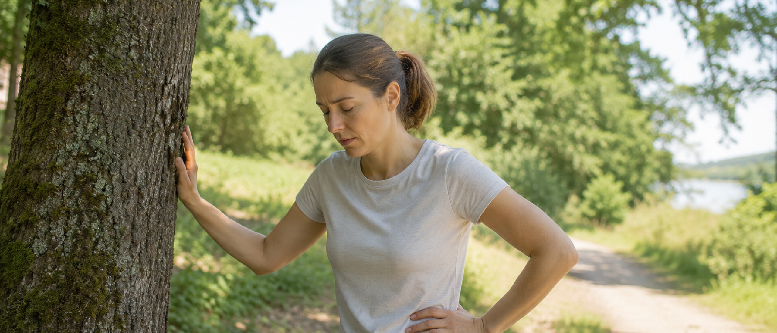 Vrouw staat vermoeid bij boom na wandeling Vrouw staat vermoeid bij boom na wandeling