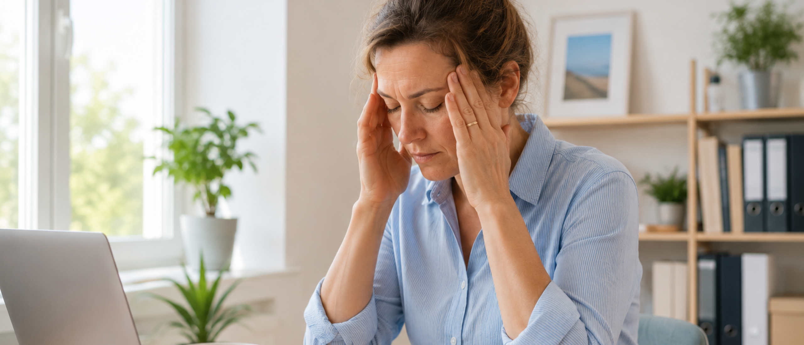 Vrouw aan bureau werkt en rust even uit Vrouw aan bureau werkt en rust even uit