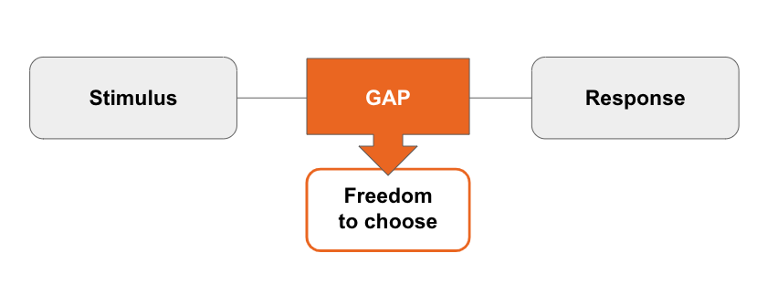 Het model van stimulus en response laat zien dat je een GAP kunt creëren tussen de (informatie)prikkel die je binnenkrijgt en de automatische respons die jouw onderbewuste daarop wil geven