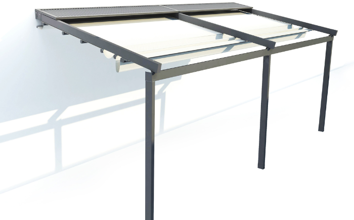 Detail van de aluminium constructie van een professioneel pergolasysteem voor intensief gebruik