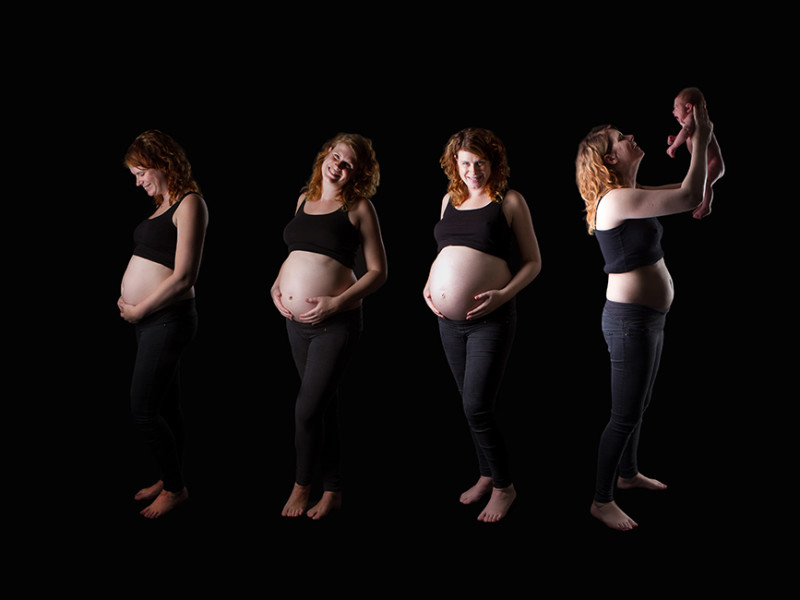 Studiofoto zwangerschap  in meerdere fases. Groei buik in zwangerschap
