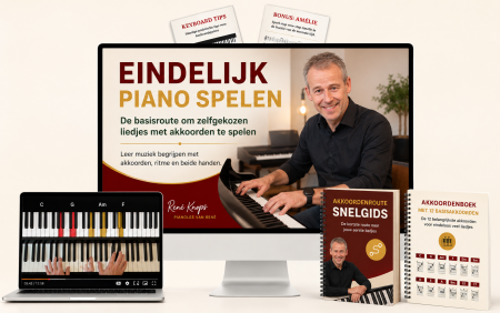 Eindelijk Piano Spelen videocursus Eindelijk Piano Spelen: de basisroute om met akkoorden zelfgekozen liedjes te spelen op piano (of keyboard)