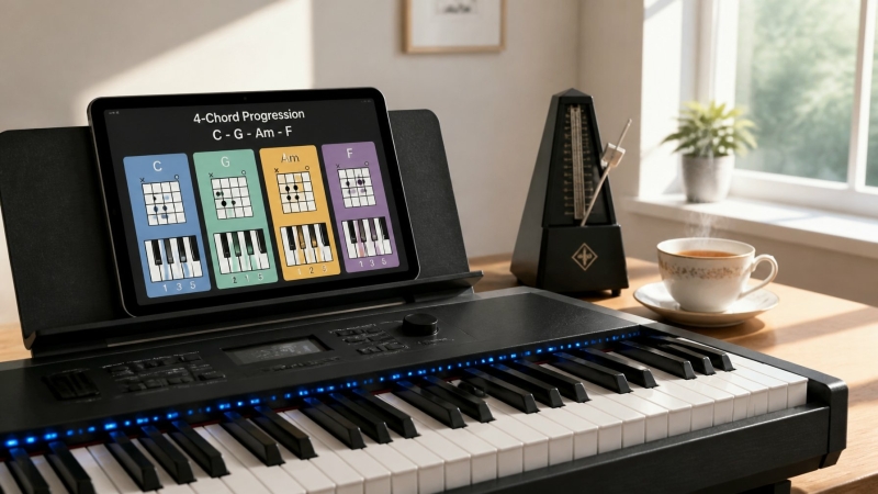 Bladmuziek met duidelijke akkoordsymbolen op een luxe arranger keyboard.
