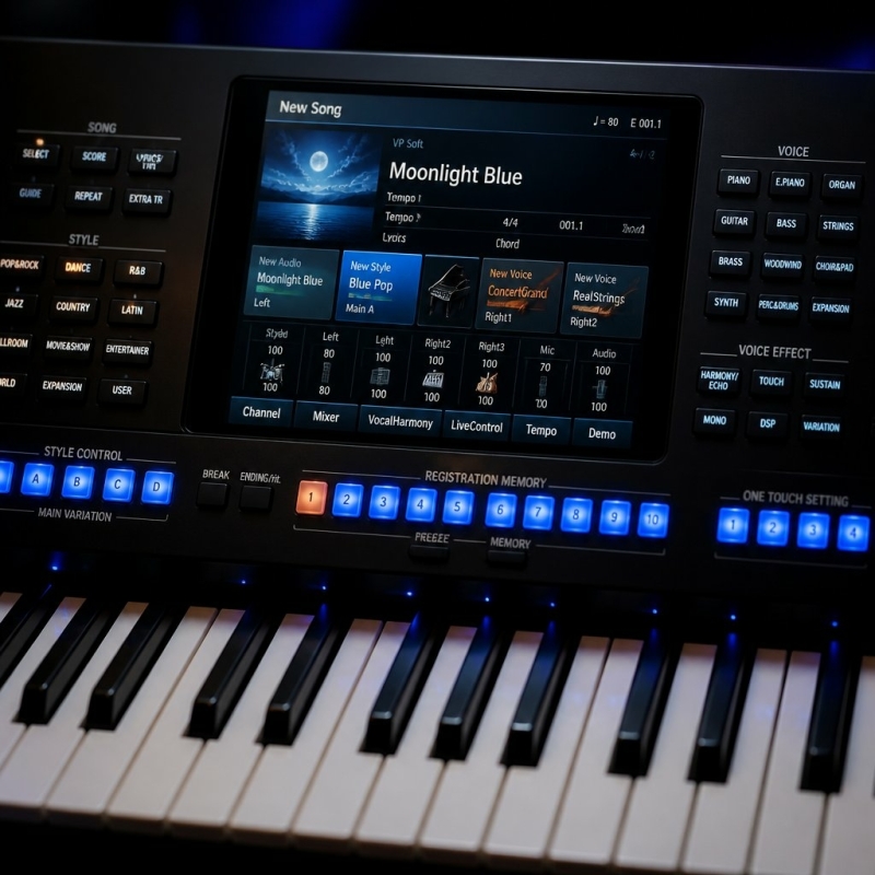 Display en knoppen van een professioneel arranger keyboard zoals Yamaha Genos of Ketron. (ai)