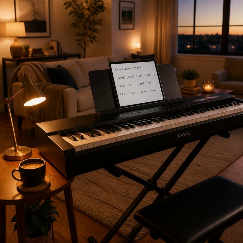 Ontspannen keyboard spelen in de woonkamer met akkoorden op een tablet.