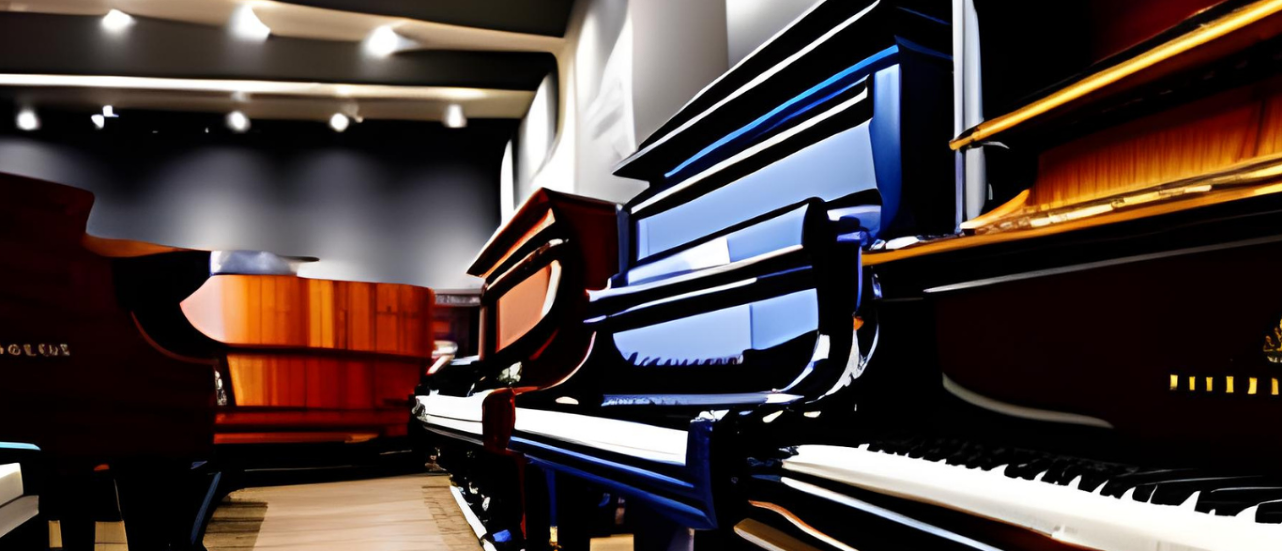 een showroom vol piano's bij pianolesvanrene