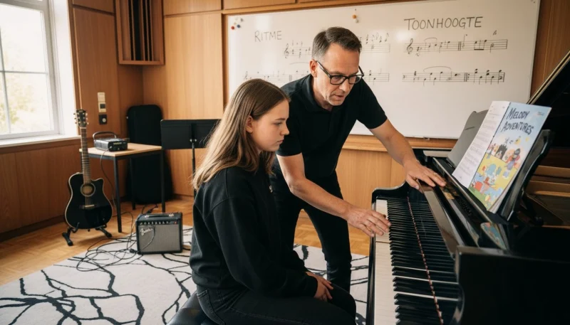 Foto René aan piano met volwassen leerling René Knops helpt een volwassen beginner piano leren spelen