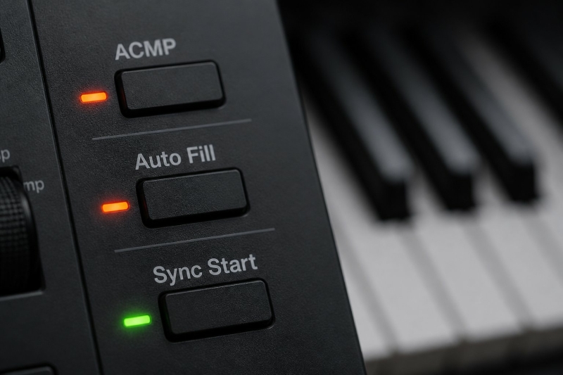 Close-up van de automatische begeleiding knoppen op een luxe keyboard.