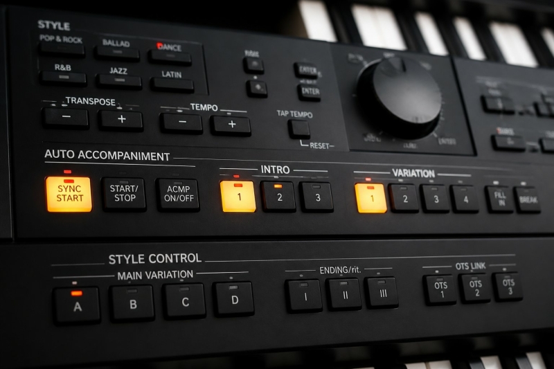 Single Finger Keyboard Begeleiding Focus op de begeleidingsknoppen en stijl-sectie van een Yamaha of Ketron keyboard.