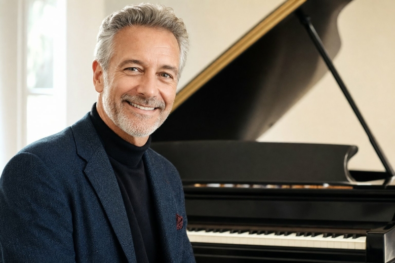 Ontspannen volwassene die met succes piano speelt dankzij gestructureerde online pianoles.
