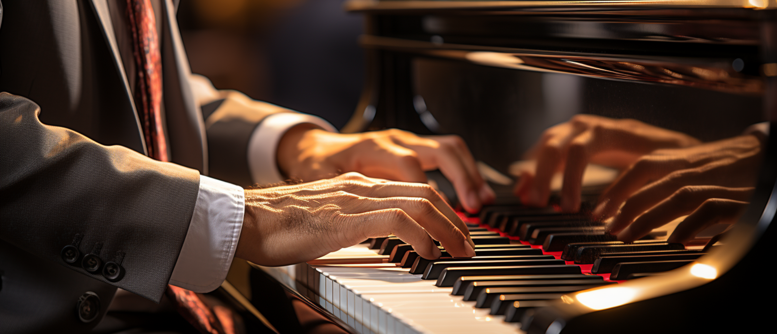 Afbeelding van een man in pak die de piano bespeeld