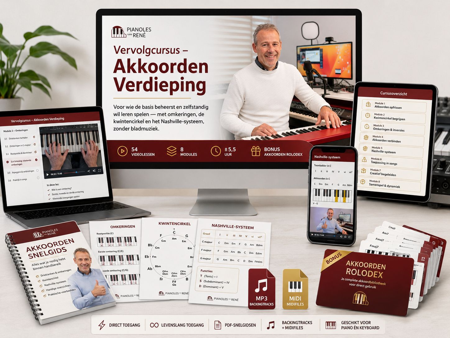 Vervolgcursus Akkoorden Verdieping van Pianoles van René met 54 videolessen, 8 modules en bonus Akkoorden Rolodex