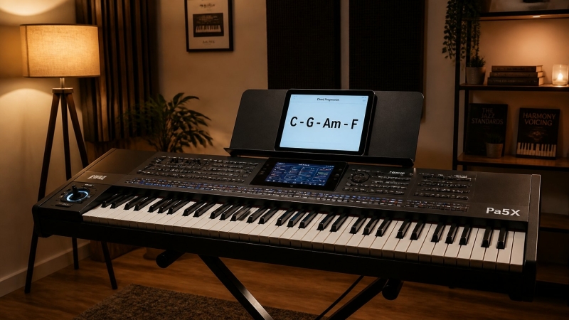 Volwassen Keyboard Spelen Een luxe keyboard opstelling in een sfeervolle kamer, klaar om met twee handen akkoorden te spelen.