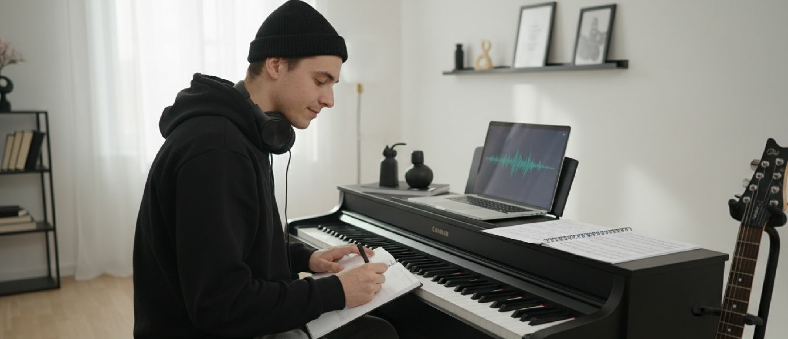 jonge pianostudent zit achter zijn piano