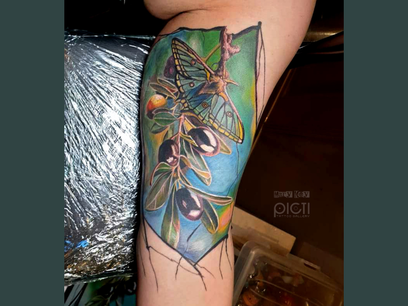 Mot en olijven tak tattoo in kleur realisme
