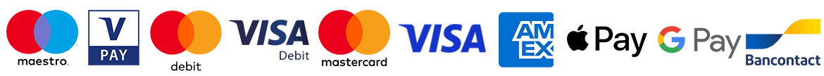 Betaalmethoden maestro, vpay, visa, mastercard, JCB, UnionPay, Apple Pay, Google Pay, Bancontact en Amex logo's