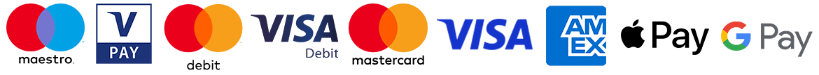 maestro, vpay, visa, mastercard, JCB, UnionPay, Apple Pay, Google Pay en amex logo's