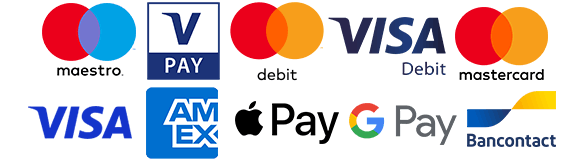 maestro, vpay, visa, mastercard, JCB, UnionPay, Apple Pay, Google Pay, Bancontact en Amex logo's