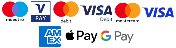 maestro, vpay, visa, mastercard, JCB, UnionPay, Apple Pay, Google Pay en amex logo's
