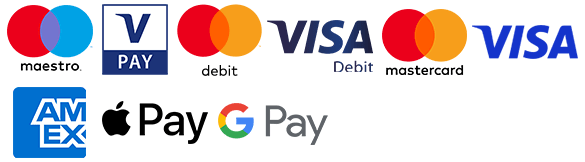 maestro, vpay, visa, mastercard, JCB, UnionPay, Apple Pay, Google Pay en amex logo's