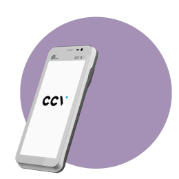 Paarse achtergrond met CCV Compact A77C mobiele pinautomaat