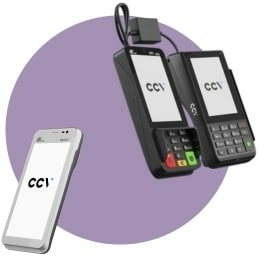 Paarse achtergrond met CCV Duo Base A80-A35 en CCV Compact A77C kassagekoppelde pinautomaat