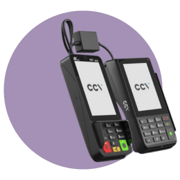 Paarse achtergrond met CCV Duo Base A80-A35 vaste pinautomaat