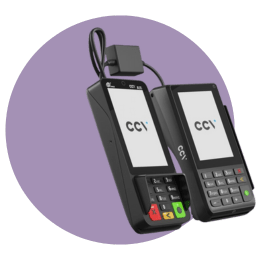 Paarse achtergrond met CCV Duo Base A80-A35 vaste pinautomaat