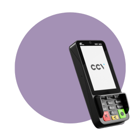 Paarse achtergrond met CCV Nexus Pad A35 vaste pinautomaat