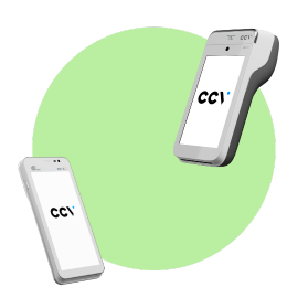 Groene cirkel met een CCV Compact A77C en CCV Mobile A920 mobiele pinautomaat
