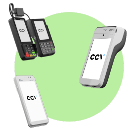 Groene cirkel met een CCV Compact A77C, CCV Duo Base A80-A35 en CCV Mobile A920 pinautomaat