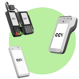 Groene cirkel met een CCV Compact A77C, CCV Duo Base A80-A35 en CCV Mobile A920 pinautomaat