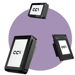 Paarse achtergrond met CCV IM30, CCV Edge IM15 en CCV Frame IM15 onbemande pinautomaat