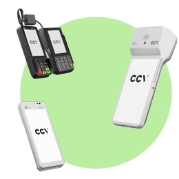 Welkom bij PinDirect Groene cirkel met een CCV Compact A77C, CCV Duo Base A80-A35 en CCV Mobile Plus A960 pinautomaat