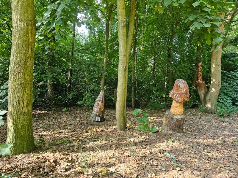 Houten figuren langs het dulpoezenpad bij het toverbos in Burcht