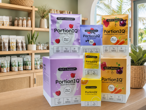 PortionIQ shake, soep, bites en elektrolyten bij een verkooppunt op Curaçao