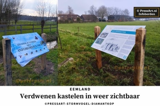 Historisch informatiebord over Huis Ter Eem en Grimmestein, geplaatst op locatie in Eembrugge/Eemdijk.