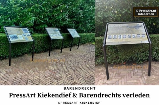 Drie informatieborden over het verleden van Barendrecht, geplaatst in Kiekendief-frames van PressArt.