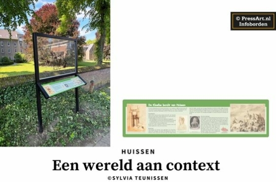 Transparant informatiebord toont de contouren van een verdwenen kasteel, op locatie geplaatst.