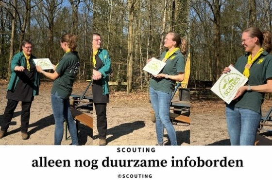 PressArt informatiebord met SCENES-logo bij scoutingcentrum, gedrukt op duurzaam PressArt-Plate-UV