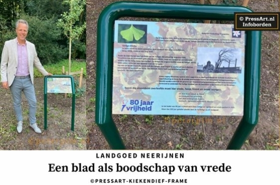 PressArt informatiepaneel bij Ginkgo Hiroshima herdenkingsboom, geplant voor 80 jaar vrijheid.