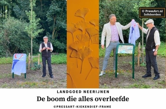 Informatiebord bij herdenkingsboom Ginkgo Hiroshima, gedrukt op PressArt-Plate-UV.