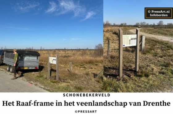 Informatiebord over veenherstel op Schoonebeekerveld, geplaatst in een Raaf-frame van PressArt.